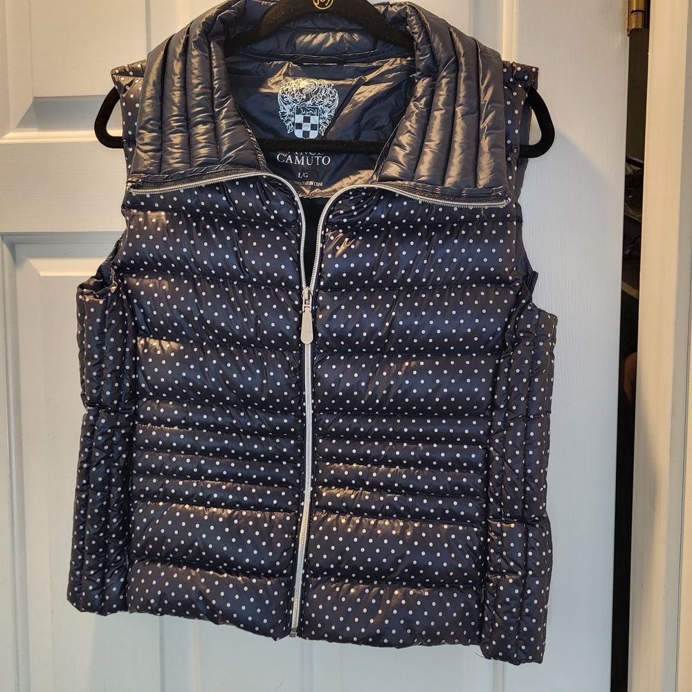 Vince Camuto Navy Polka Dot Puffer Vest - Large